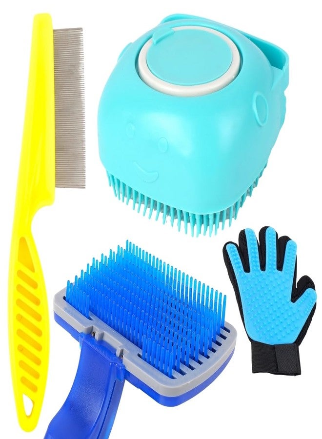 REGIIS Pet Grooming Kit with Self-Cleaning Brush, Deshedding Glove, Metal Comb for Dogs, Blue, Yellow, Turquoise, 4 Piece Set - Image 1